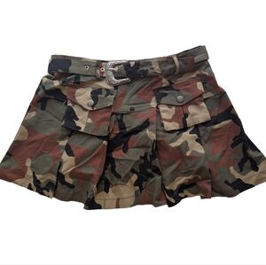 Camo Pleated Mini Skirt Belted Y2K Military Streetwear Festival Women's XL